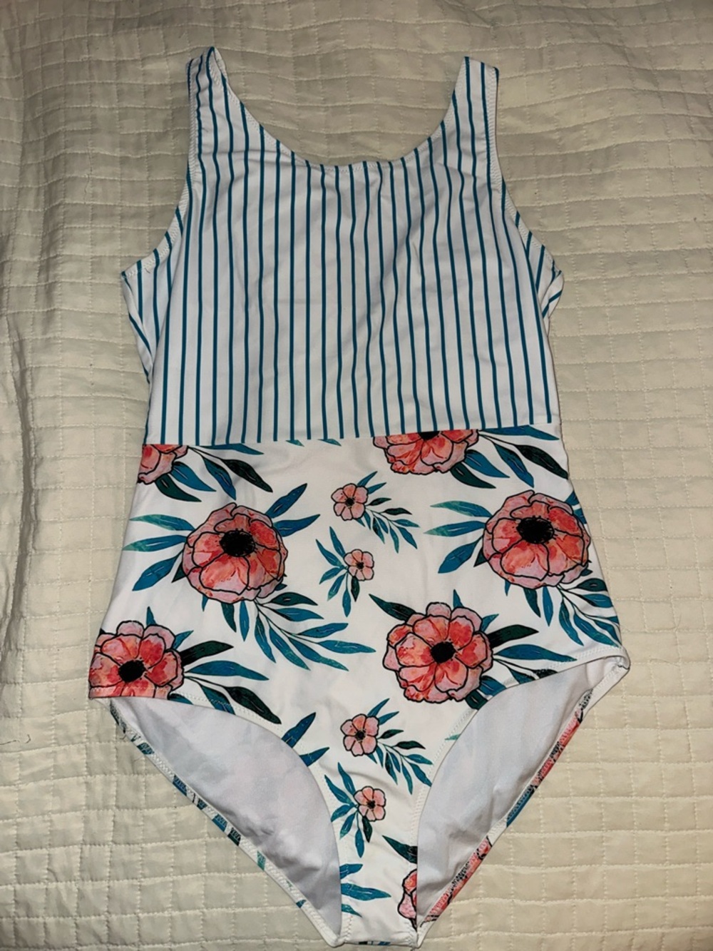 Amazon Girls' White, Teal & Coral Floral One-Piece Swimsuit